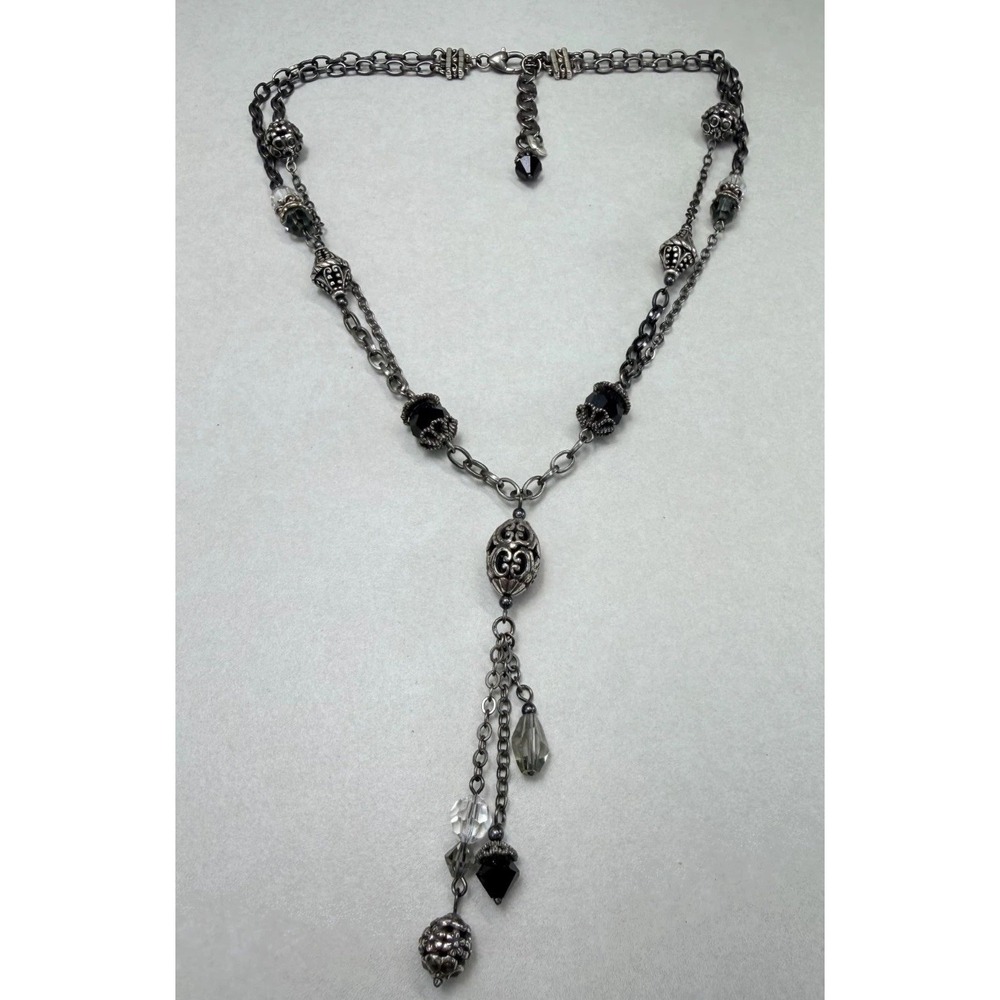 Brighton Lariat Y Necklace Silver Plated Black Clear Crystal Beaded Layered